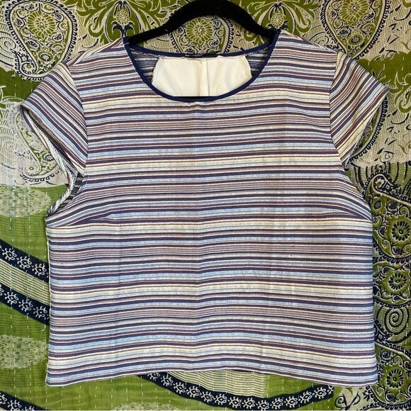 Zara W/B Collection Jacquard Metallic Striped Cropped Blouse Size Large - Picture 1 of 13